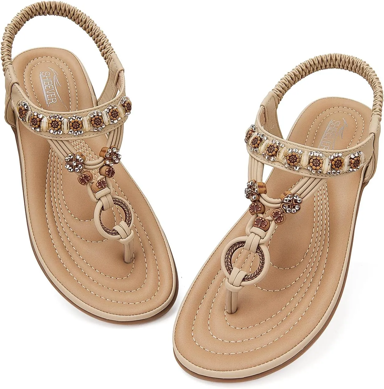 SHIBEVER Womens Sandals Summer Bohemian Flat Sandals Shoes with Elastic Strap Dressy Sandal
