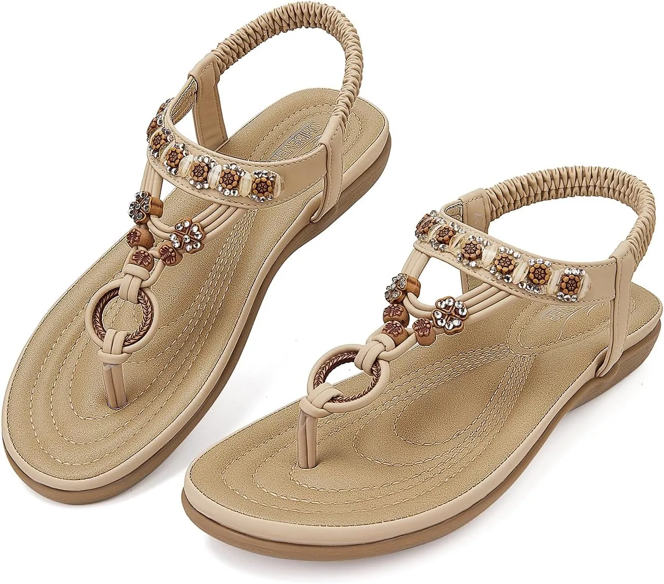 SHIBEVER Womens Sandals Summer Bohemian Flat Sandals Shoes with Elastic Strap Dressy Sandal