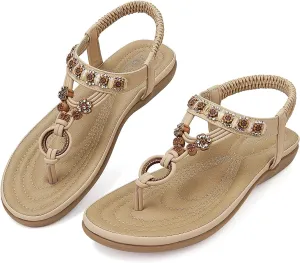SHIBEVER Womens Sandals Summer Bohemian Flat Sandals Shoes with Elastic Strap Dressy Sandal