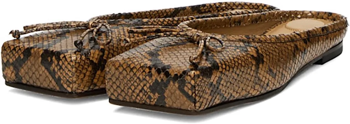 SHODENSE Women Square Toe Bow Mule Flats Slip On Dress Mules Matte Comfortable Flat Heel Ballet Shoes Backless Bow Mule Shoes Snakeskin Animal Print Chic Fashion Spring Fall 4-11 M US