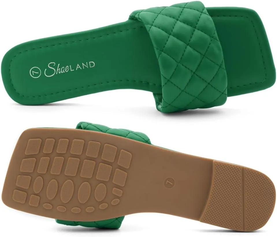 Shoe Land Anisha Women's Flat Sandals, Fashion Slides with Square Open Toe, Quilted Single Band Dressy Sandals, Slip-On Slippers for Summer, Daily Wear, Prom, and Party