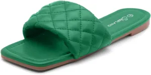Shoe Land Anisha Women's Flat Sandals, Fashion Slides with Square Open Toe, Quilted Single Band Dressy Sandals, Slip-On Slippers for Summer, Daily Wear, Prom, and Party
