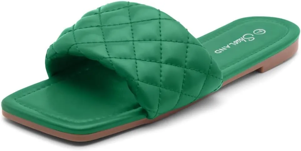 Shoe Land Anisha Women's Flat Sandals, Fashion Slides with Square Open Toe, Quilted Single Band Dressy Sandals, Slip-On Slippers for Summer, Daily Wear, Prom, and Party