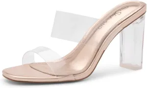 Shoe Land Brienna Women's Clear Heels Chunky Block Heeled Slides Open Toe Two Band Slip-On Mules – Dressy Heeled Sandals for Prom, Wedding, and Party
