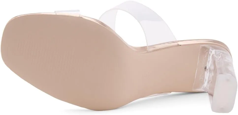 Shoe Land Brienna Women's Clear Heels Chunky Block Heeled Slides Open Toe Two Band Slip-On Mules – Dressy Heeled Sandals for Prom, Wedding, and Party