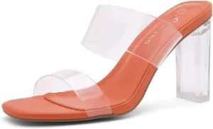Shoe Land Brienna Women's Clear Heels Chunky Block Heeled Slides Open Toe Two Band Slip-On Mules – Dressy Heeled Sandals for Prom, Wedding, and Party