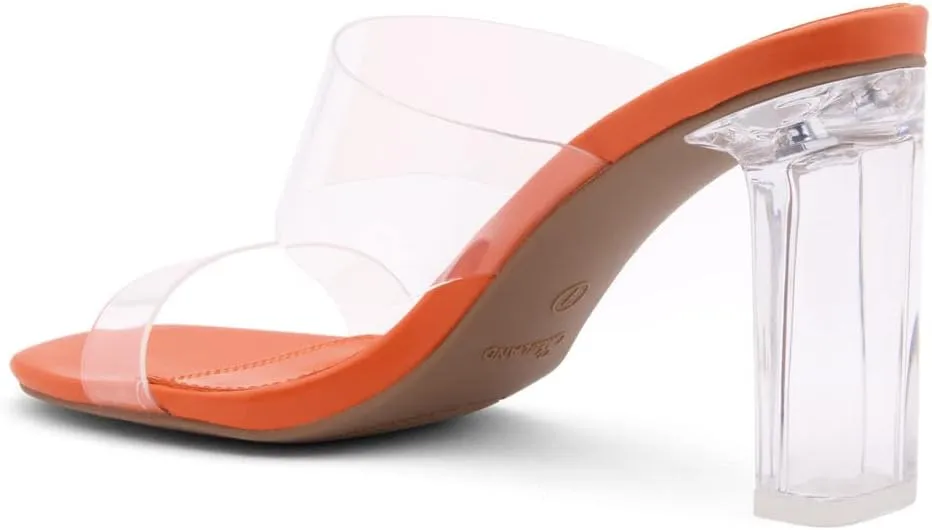 Shoe Land Brienna Women's Clear Heels Chunky Block Heeled Slides Open Toe Two Band Slip-On Mules – Dressy Heeled Sandals for Prom, Wedding, and Party