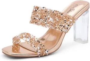 Shoe Land Brienna Women's Clear Heels Chunky Block Heeled Slides Open Toe Two Band Slip-On Mules – Dressy Heeled Sandals for Prom, Wedding, and Party