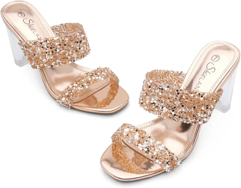 Shoe Land Brienna Women's Clear Heels Chunky Block Heeled Slides Open Toe Two Band Slip-On Mules – Dressy Heeled Sandals for Prom, Wedding, and Party
