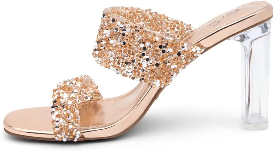 Shoe Land Brienna Women's Clear Heels Chunky Block Heeled Slides Open Toe Two Band Slip-On Mules – Dressy Heeled Sandals for Prom, Wedding, and Party