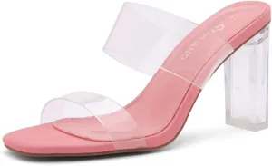 Shoe Land Brienna Women's Clear Heels Chunky Block Heeled Slides Open Toe Two Band Slip-On Mules – Dressy Heeled Sandals for Prom, Wedding, and Party