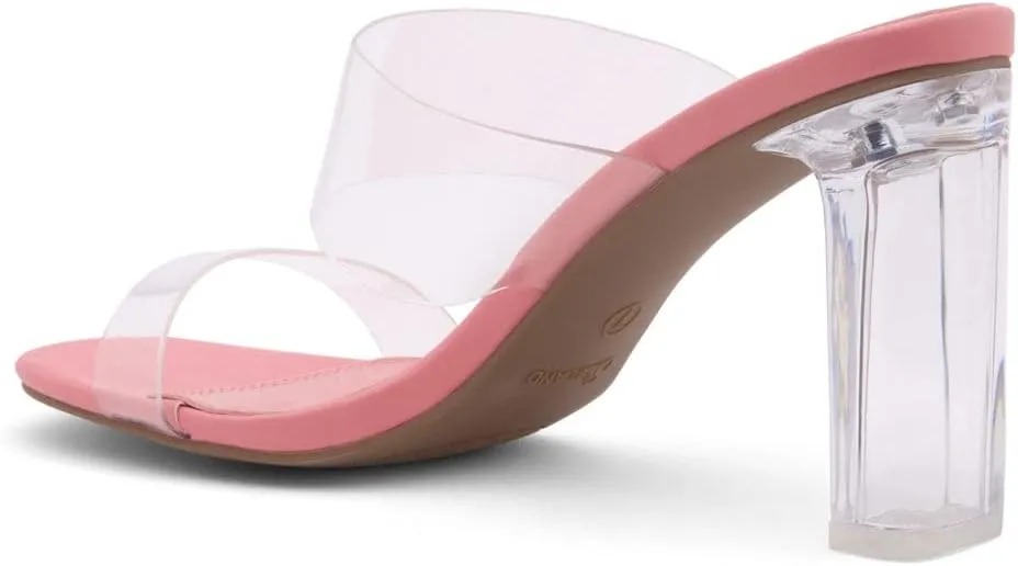 Shoe Land Brienna Women's Clear Heels Chunky Block Heeled Slides Open Toe Two Band Slip-On Mules – Dressy Heeled Sandals for Prom, Wedding, and Party