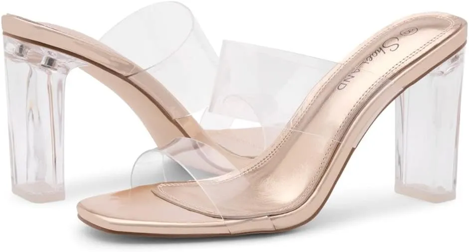 Shoe Land Brienna Women's Clear Heels Chunky Block Heeled Slides Open Toe Two Band Slip-On Mules – Dressy Heeled Sandals for Prom, Wedding, and Party