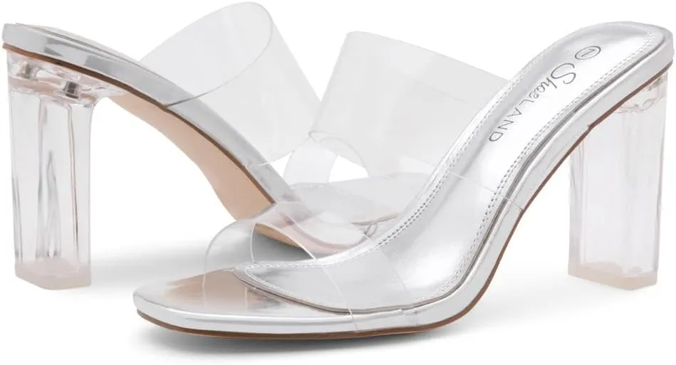 Shoe Land Brienna Women's Clear Heels Chunky Block Heeled Slides Open Toe Two Band Slip-On Mules – Dressy Heeled Sandals for Prom, Wedding, and Party