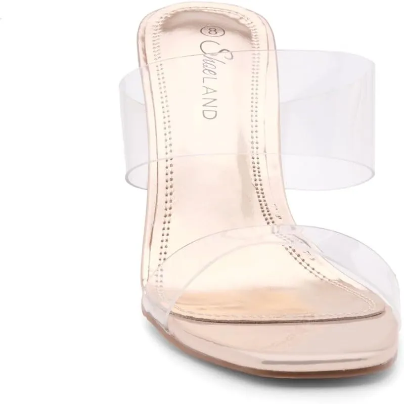 Shoe Land Brienna Women's Clear Heels Chunky Block Heeled Slides Open Toe Two Band Slip-On Mules – Dressy Heeled Sandals for Prom, Wedding, and Party