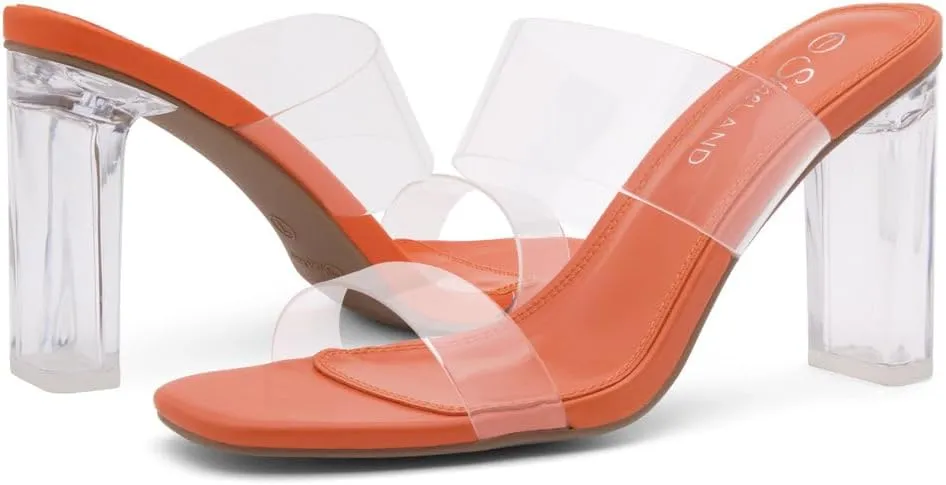 Shoe Land Brienna Women's Clear Heels Chunky Block Heeled Slides Open Toe Two Band Slip-On Mules – Dressy Heeled Sandals for Prom, Wedding, and Party