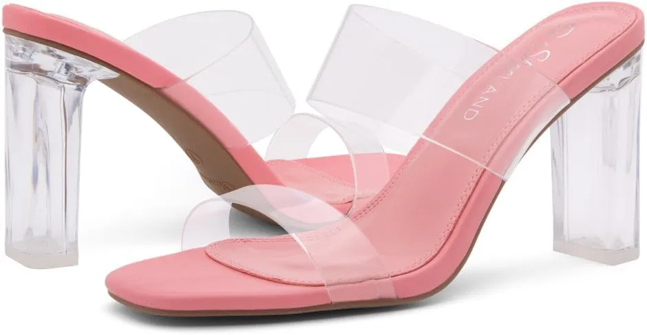 Shoe Land Brienna Women's Clear Heels Chunky Block Heeled Slides Open Toe Two Band Slip-On Mules – Dressy Heeled Sandals for Prom, Wedding, and Party
