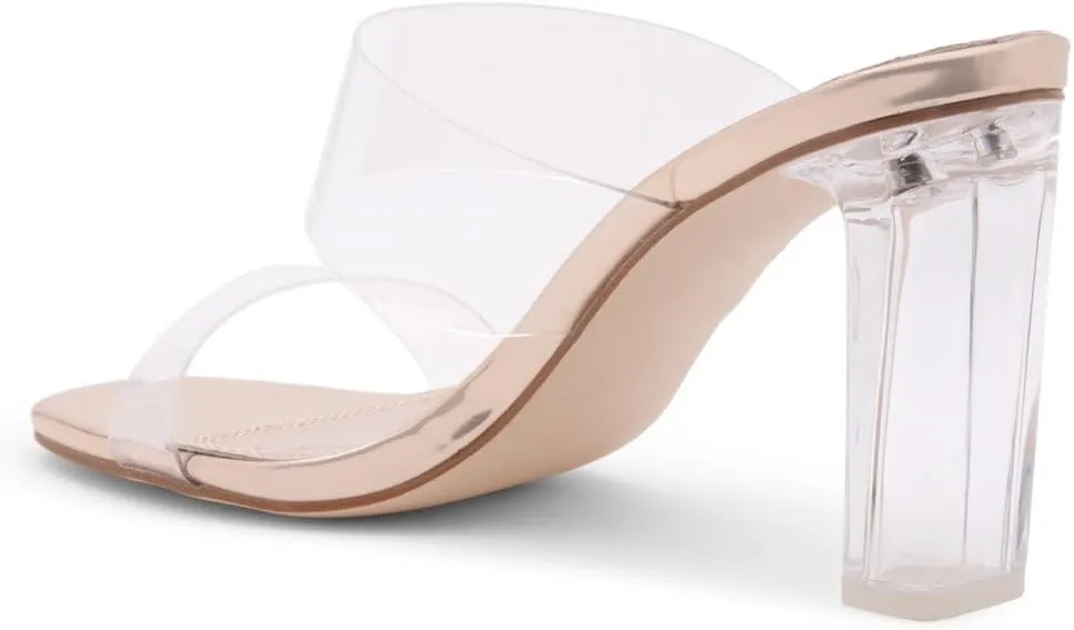 Shoe Land Brienna Women's Clear Heels Chunky Block Heeled Slides Open Toe Two Band Slip-On Mules – Dressy Heeled Sandals for Prom, Wedding, and Party