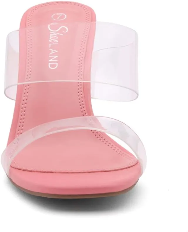 Shoe Land Brienna Women's Clear Heels Chunky Block Heeled Slides Open Toe Two Band Slip-On Mules – Dressy Heeled Sandals for Prom, Wedding, and Party