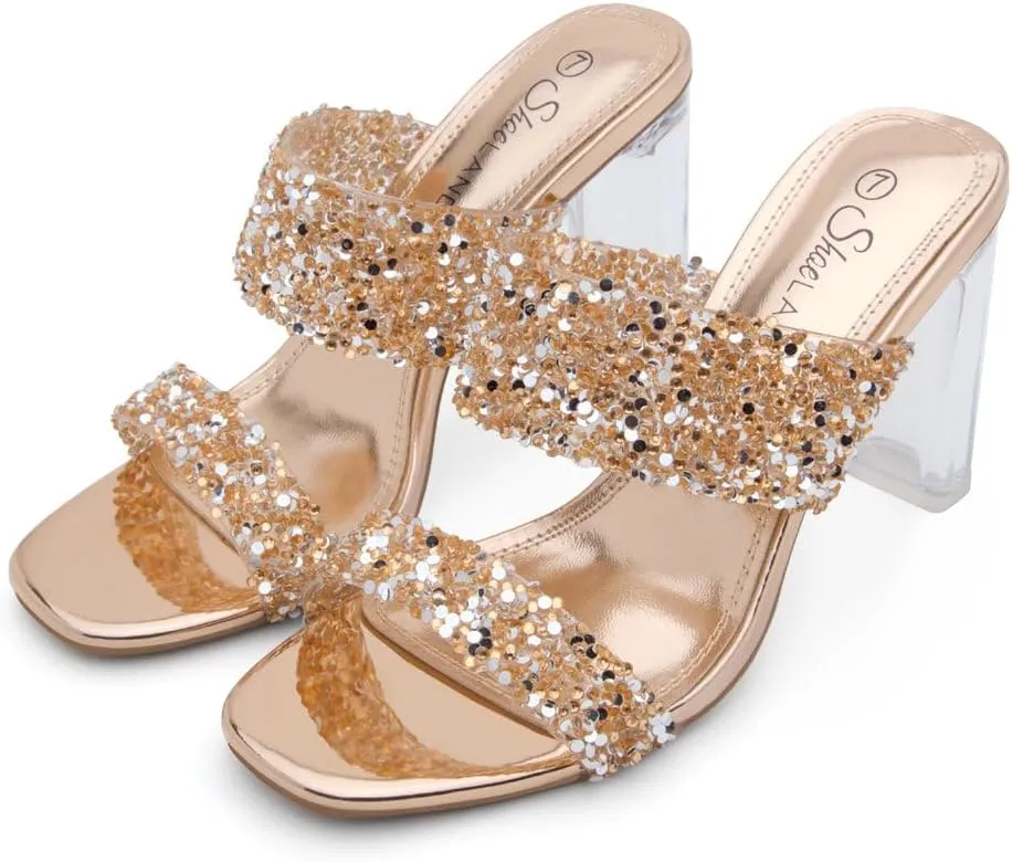 Shoe Land Brienna Women's Clear Heels Chunky Block Heeled Slides Open Toe Two Band Slip-On Mules – Dressy Heeled Sandals for Prom, Wedding, and Party