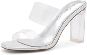 Shoe Land Brienna Women's Clear Heels Chunky Block Heeled Slides Open Toe Two Band Slip-On Mules – Dressy Heeled Sandals for Prom, Wedding, and Party