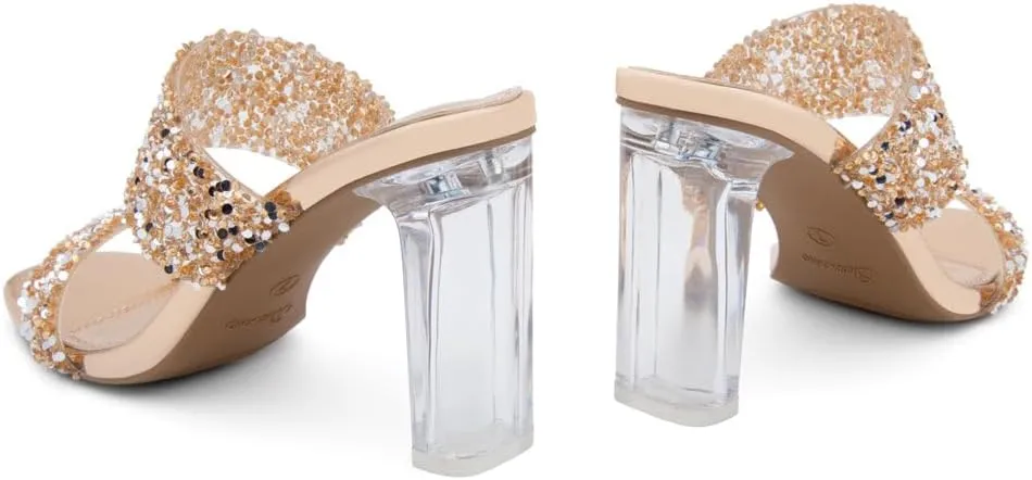 Shoe Land Brienna Women's Clear Heels Chunky Block Heeled Slides Open Toe Two Band Slip-On Mules – Dressy Heeled Sandals for Prom, Wedding, and Party