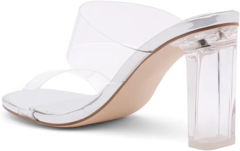 Shoe Land Brienna Women's Clear Heels Chunky Block Heeled Slides Open Toe Two Band Slip-On Mules – Dressy Heeled Sandals for Prom, Wedding, and Party