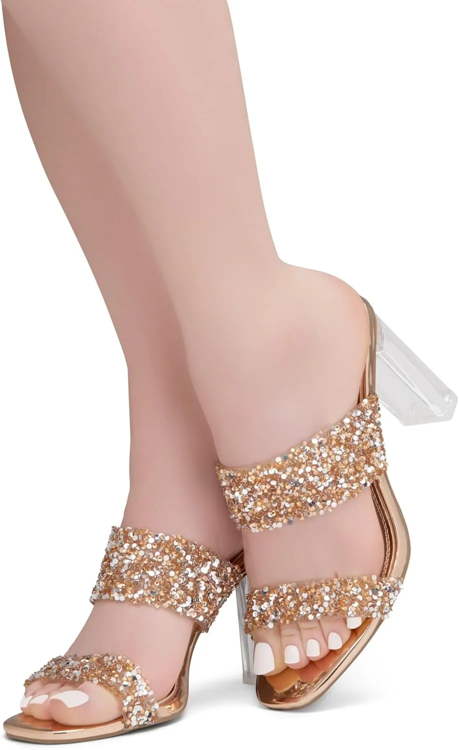 Shoe Land Brienna Women's Clear Heels Chunky Block Heeled Slides Open Toe Two Band Slip-On Mules – Dressy Heeled Sandals for Prom, Wedding, and Party