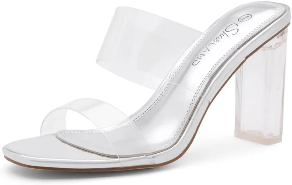 Shoe Land Brienna Women's Clear Heels Chunky Block Heeled Slides Open Toe Two Band Slip-On Mules – Dressy Heeled Sandals for Prom, Wedding, and Party