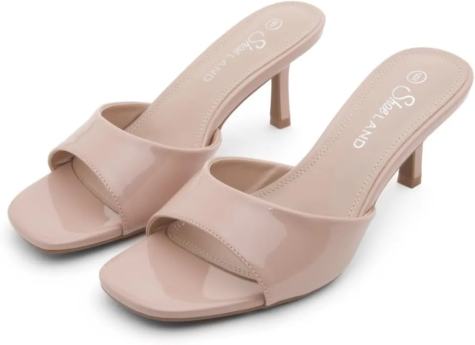 Shoe Land Deverena Women's Low Heels Stiletto Heeled Slides, Open Toe One Band Slip-On Heeled Mules – Dressy Heeled Sandals for Prom, Party, Wedding, and Vacation
