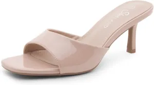 Shoe Land Deverena Women's Low Heels Stiletto Heeled Slides, Open Toe One Band Slip-On Heeled Mules – Dressy Heeled Sandals for Prom, Party, Wedding, and Vacation