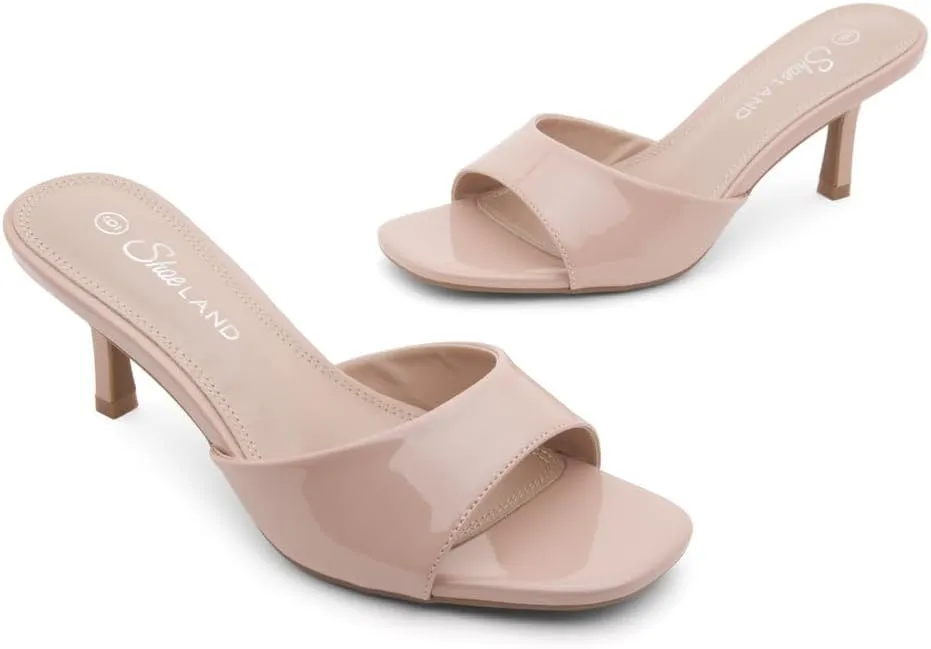 Shoe Land Deverena Women's Low Heels Stiletto Heeled Slides, Open Toe One Band Slip-On Heeled Mules – Dressy Heeled Sandals for Prom, Party, Wedding, and Vacation