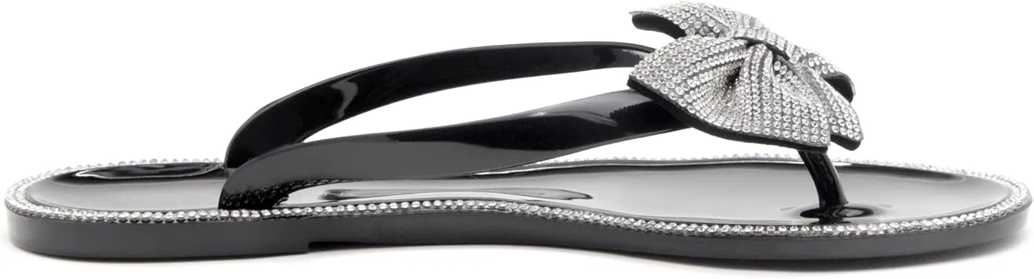 Shoe Land Women's Jelly Flat Sandals, Rhinestone Bow Thong Sandals – Sparkly Flip Flops for Beach & Pool | Comfortable Non-Slip Slides | Cute Bling Strappy Sandals