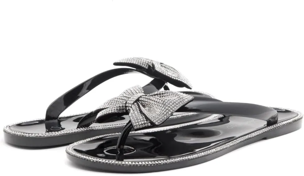 Shoe Land Women's Jelly Flat Sandals, Rhinestone Bow Thong Sandals – Sparkly Flip Flops for Beach & Pool | Comfortable Non-Slip Slides | Cute Bling Strappy Sandals