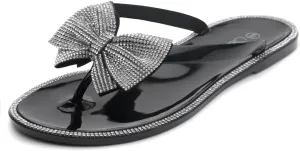 Shoe Land Women's Jelly Flat Sandals, Rhinestone Bow Thong Sandals – Sparkly Flip Flops for Beach & Pool | Comfortable Non-Slip Slides | Cute Bling Strappy Sandals