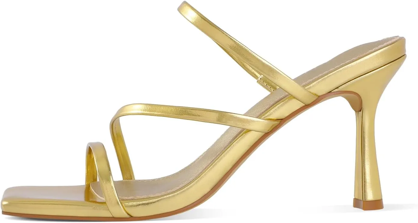 Shoe'N Tale Strappy Kitten Heels For Women Stiletto Mules Square Open Toe Slip On Sandals