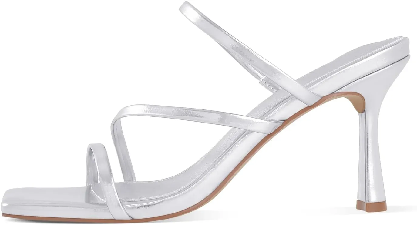 Shoe'N Tale Strappy Kitten Heels For Women Stiletto Mules Square Open Toe Slip On Sandals