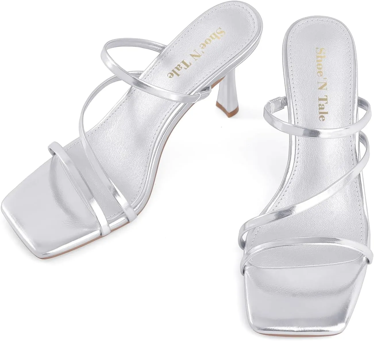 Shoe'N Tale Strappy Kitten Heels For Women Stiletto Mules Square Open Toe Slip On Sandals