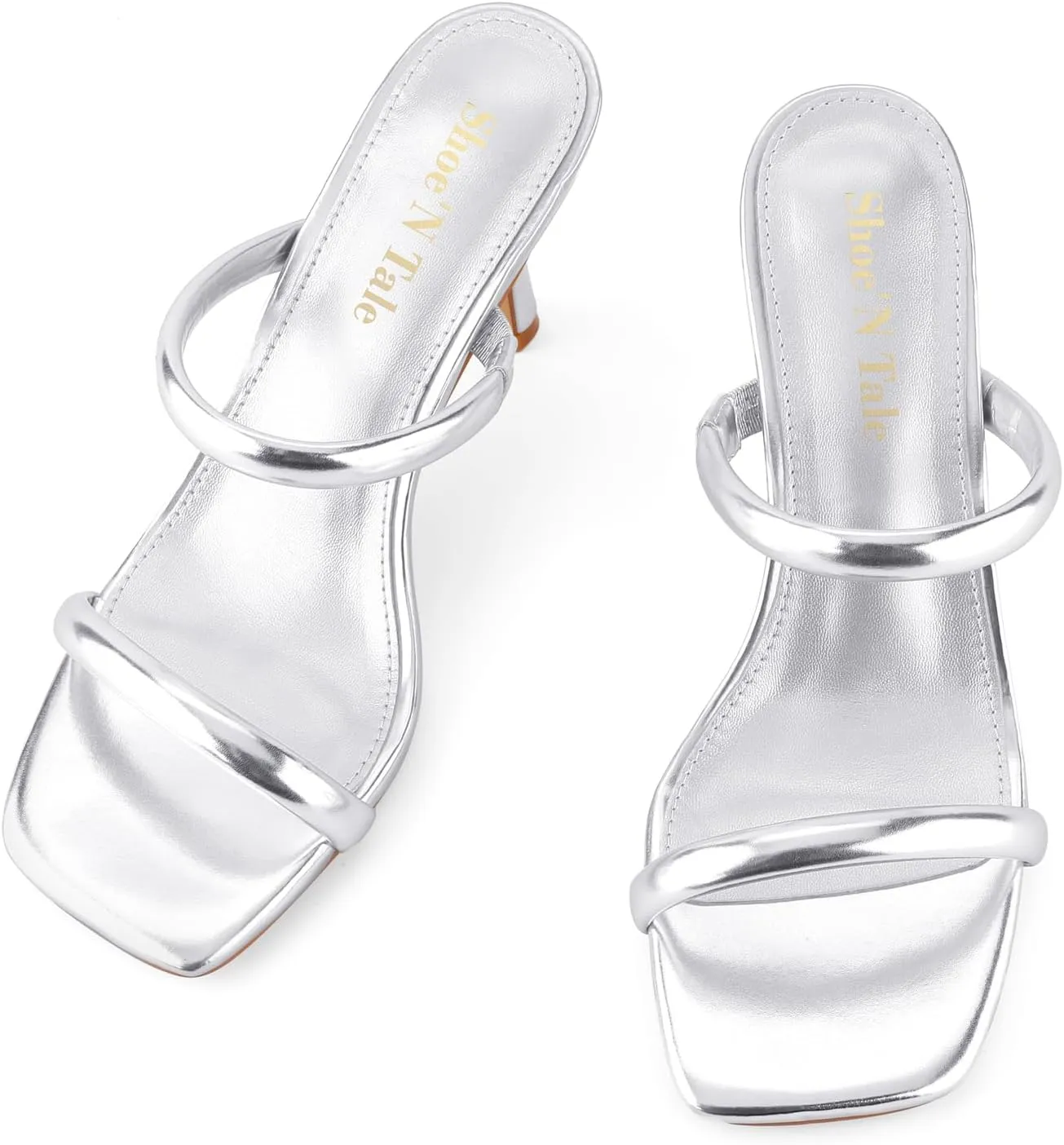 Shoe'N Tale Women's Strappy Heels Kitten Heeled Mules Two Straps Square Open Toe Slip On Sandals
