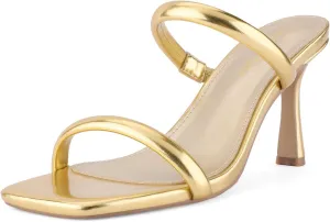Shoe'N Tale Women's Strappy Heels Kitten Heeled Mules Two Straps Square Open Toe Slip On Sandals