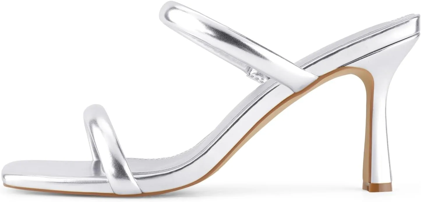 Shoe'N Tale Women's Strappy Heels Kitten Heeled Mules Two Straps Square Open Toe Slip On Sandals