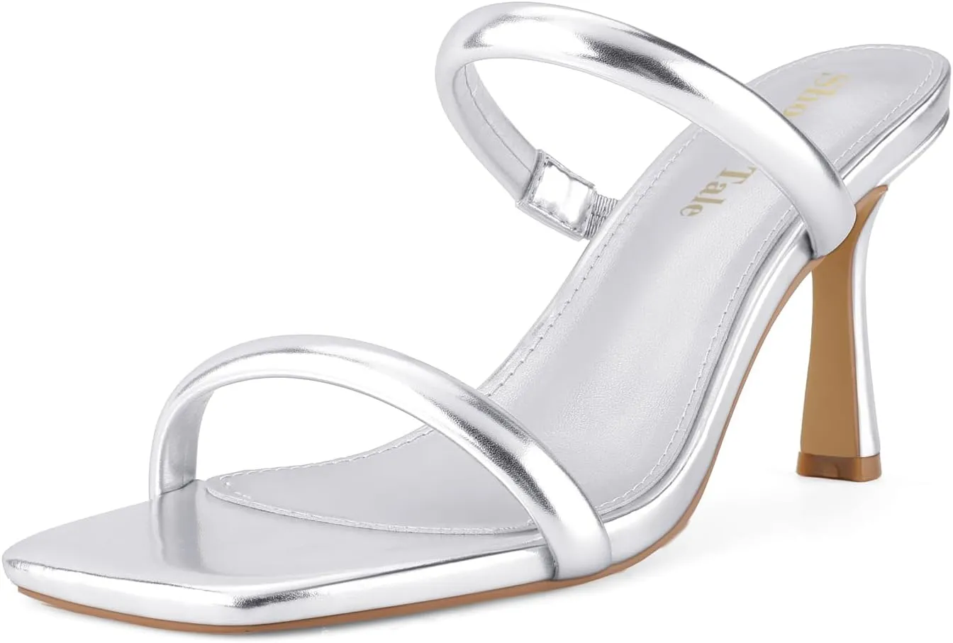 Shoe'N Tale Women's Strappy Heels Kitten Heeled Mules Two Straps Square Open Toe Slip On Sandals