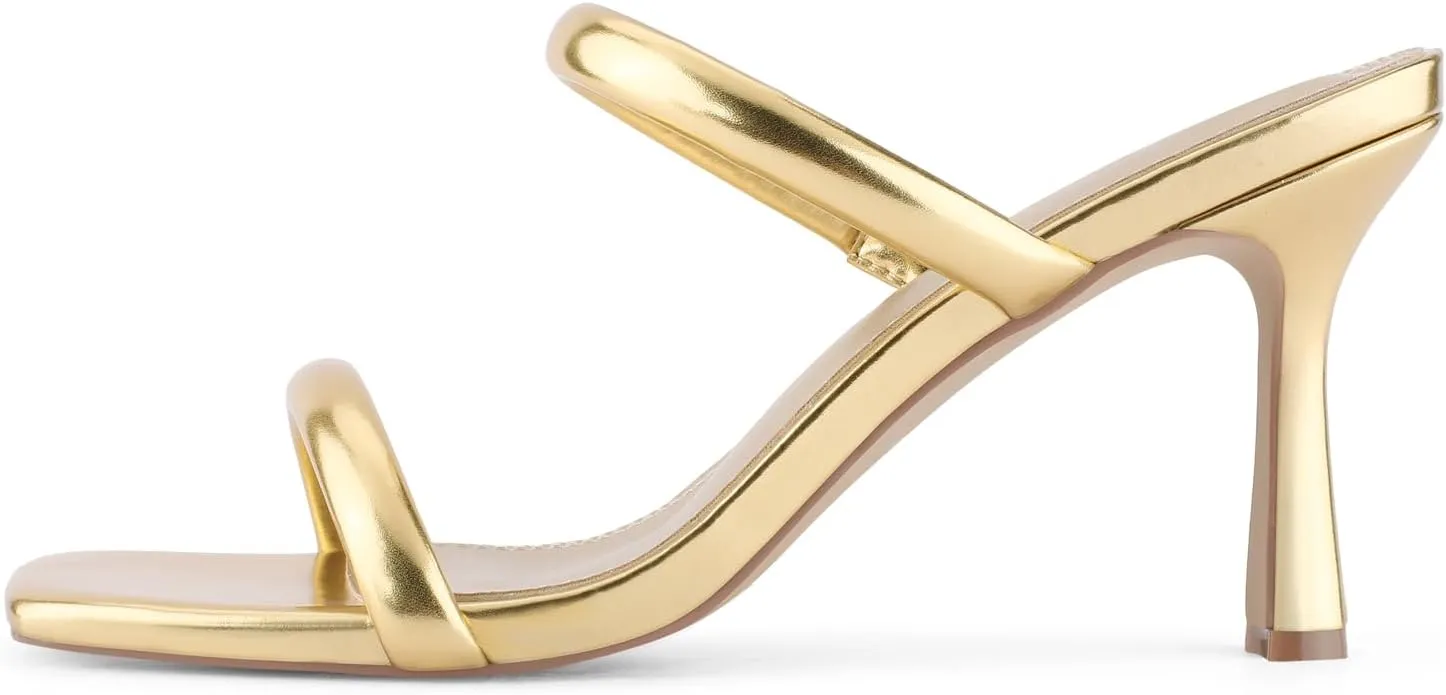 Shoe'N Tale Women's Strappy Heels Kitten Heeled Mules Two Straps Square Open Toe Slip On Sandals