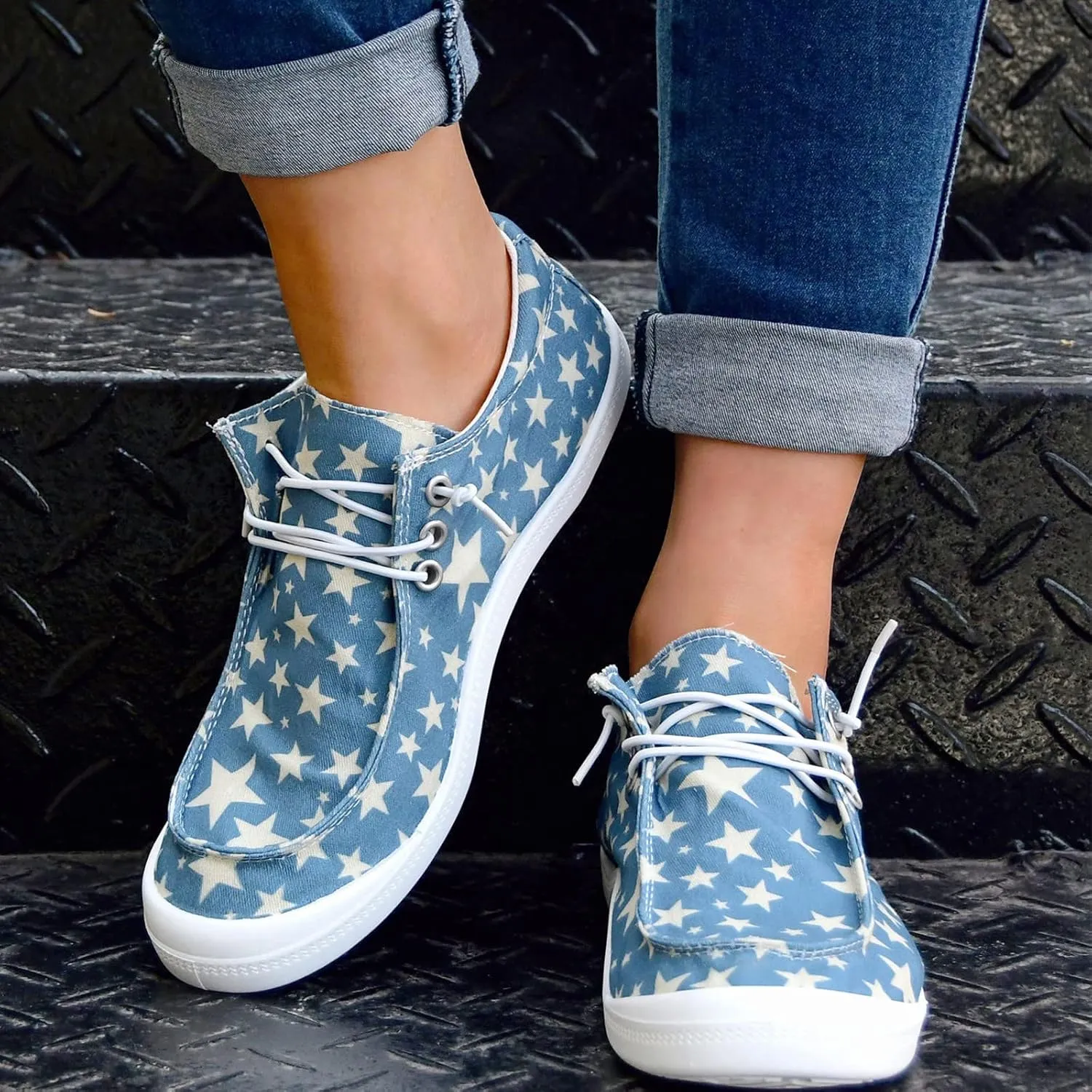 Shoes for Women Flats Canvas Stars Print Slip On Sneakers Lace Up Comfort Low Top Walking Loafers