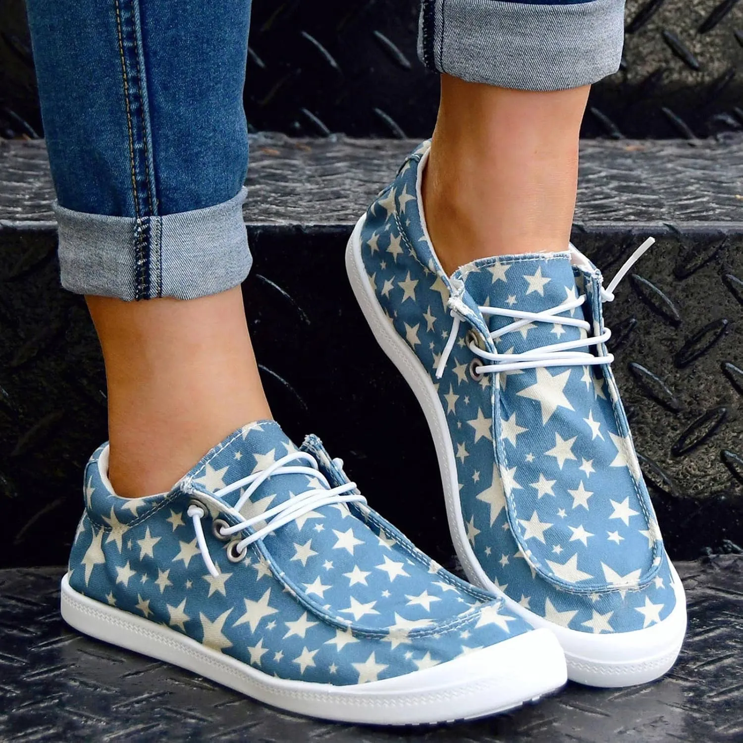 Shoes for Women Flats Canvas Stars Print Slip On Sneakers Lace Up Comfort Low Top Walking Loafers
