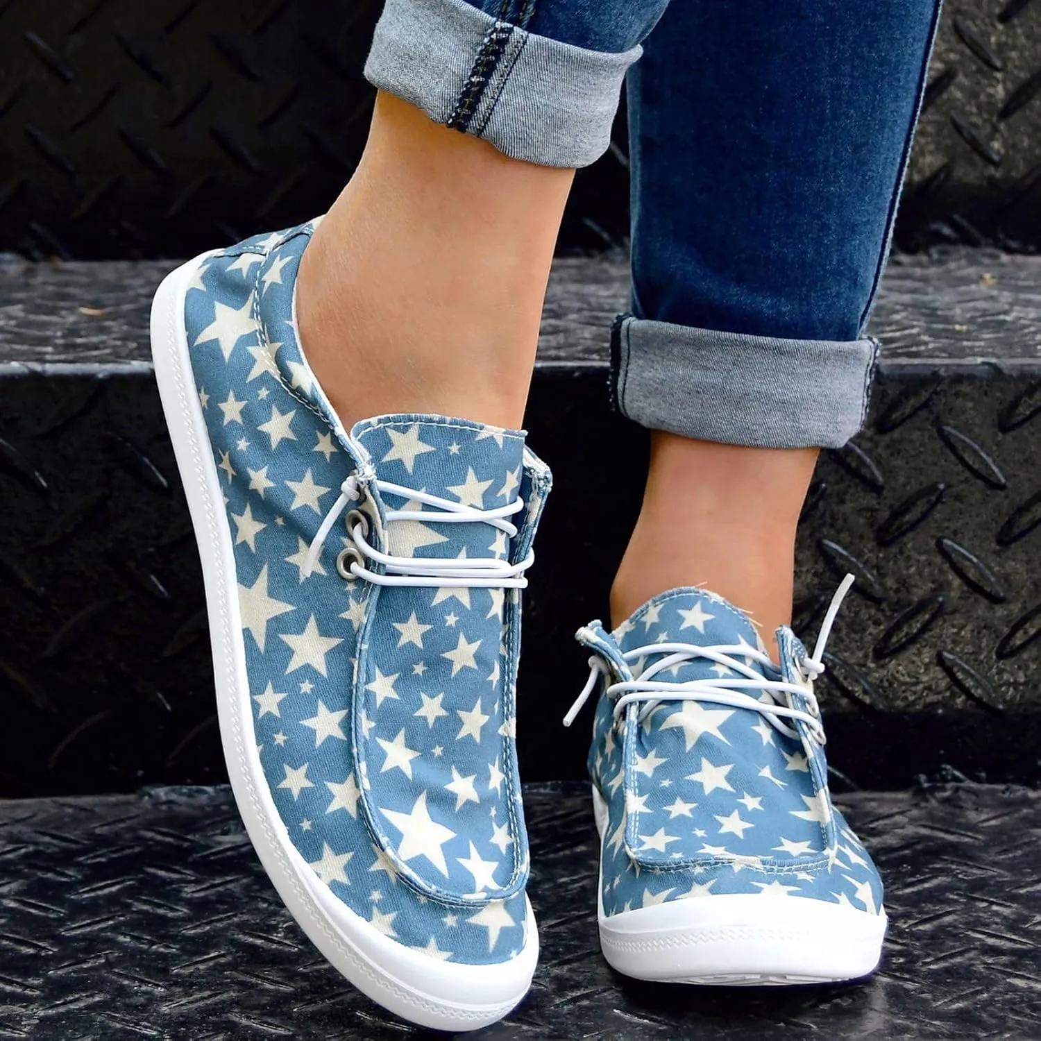 Shoes for Women Flats Canvas Stars Print Slip On Sneakers Lace Up Comfort Low Top Walking Loafers
