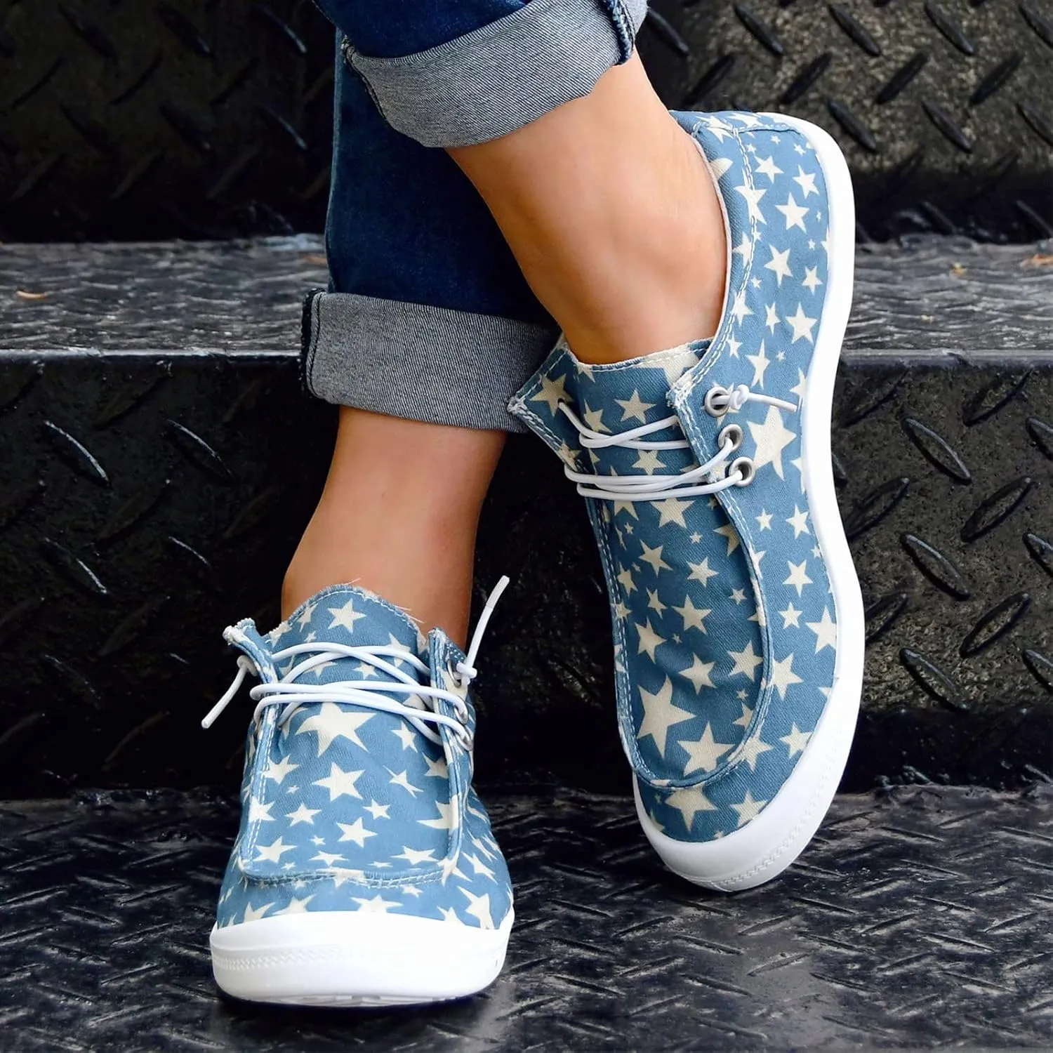 Shoes for Women Flats Canvas Stars Print Slip On Sneakers Lace Up Comfort Low Top Walking Loafers