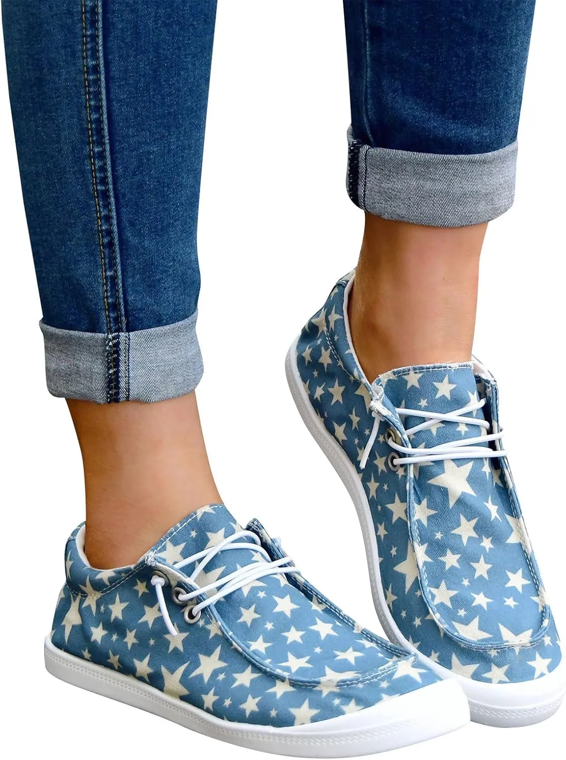 Shoes for Women Flats Canvas Stars Print Slip On Sneakers Lace Up Comfort Low Top Walking Loafers