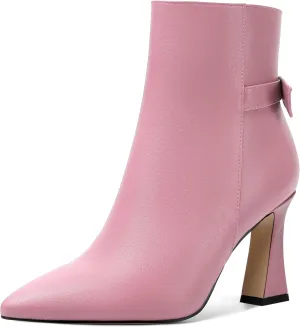 SHOWFOREST Womens Pointed Toe Solid Dating Zip Cold Weather Matte Block High Heel Ankle High Boots 3.3 Inch