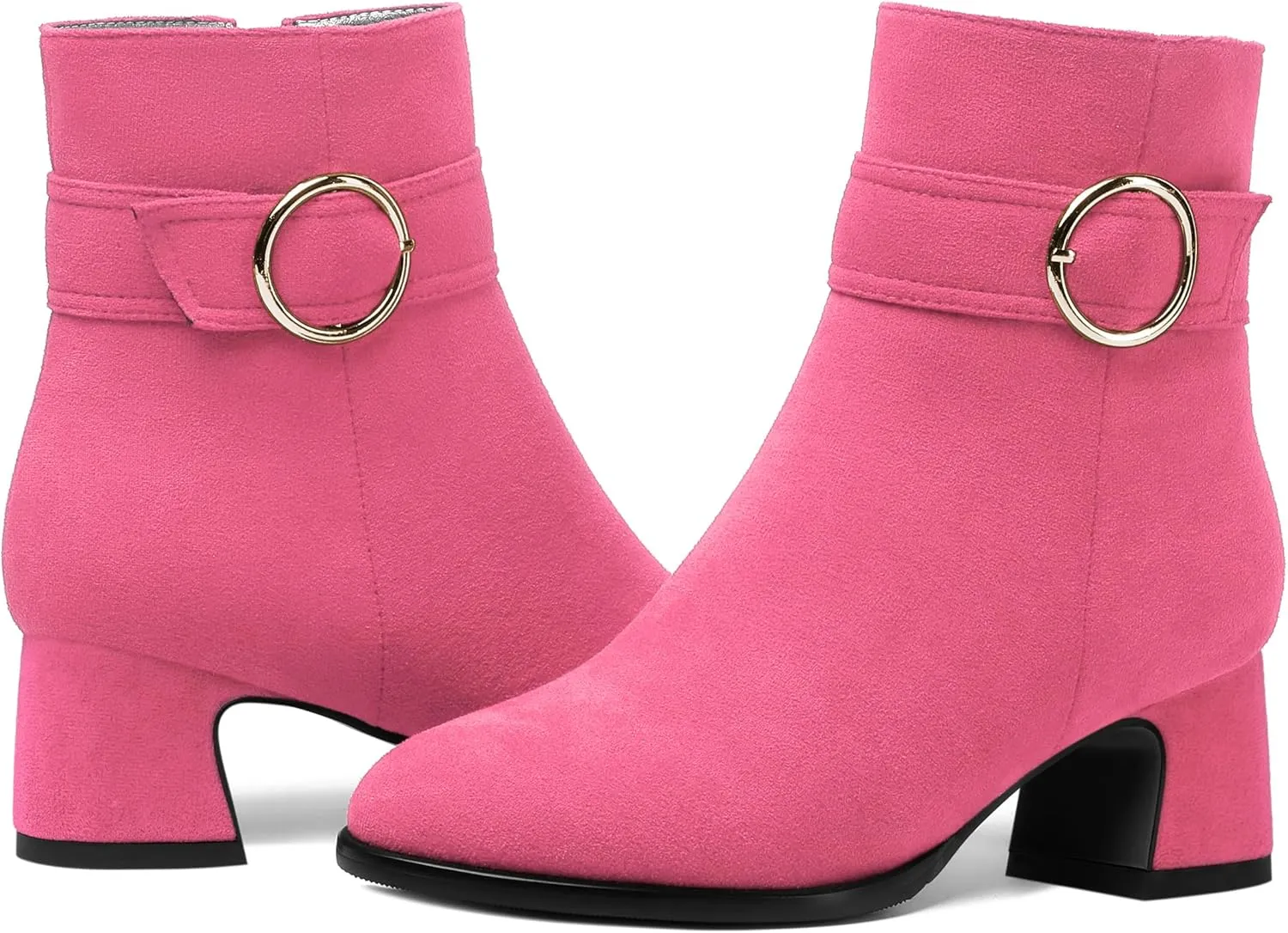 SHOWFOREST Womens Round Toe Travel Buckle Suede Solid Hiking Ankle Strap Chunky Low Heel Ankle High Boots 2 Inch